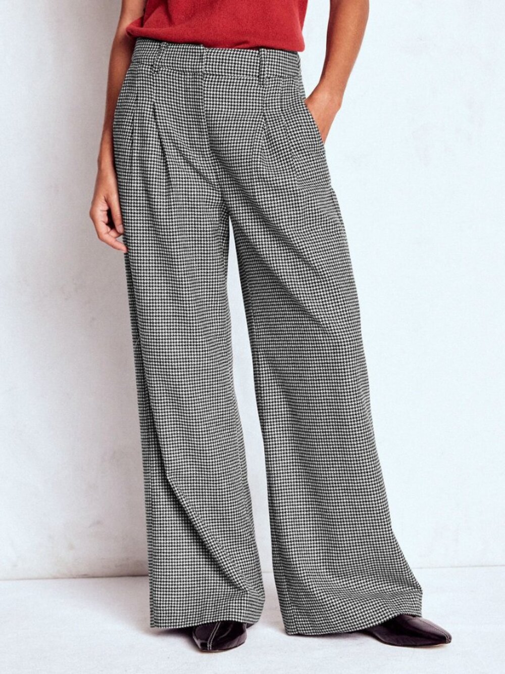 New Boden Wool Blend Kensington Houndstooth Wide Leg Trouser Black White 6R